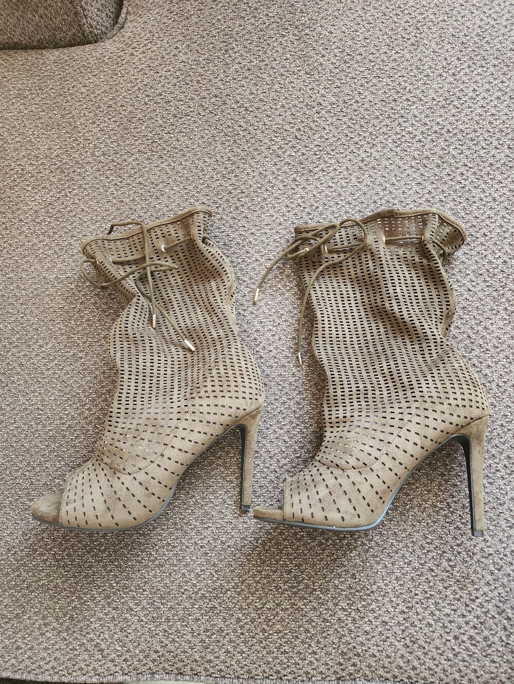 Anne Michelle Olive Green ONE LOVE Perforated Peep-Toe Lace-Up Stiletto Booties